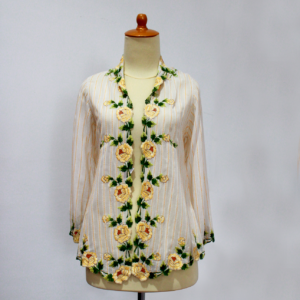 Kebaya Antik Putih - Garis & Bunga Kuning
